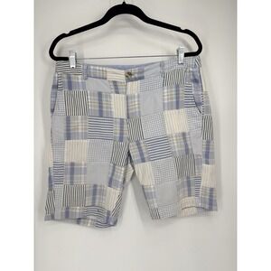LL Bean Favorite Fit Madras Plaid Shorts Women's 12 Blue Flat Front 9" Inseam